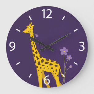 Grande Horloge Ronde La girafe mignonne de bande dessinée fleurit le