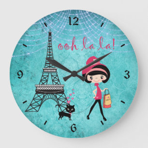 Grande Horloge Ronde La Paris Girl et Cat With Eiffel Tower