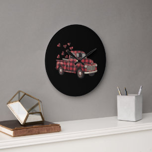 Grande Horloge Ronde La Saint-Valentin Camion Drôle Buffalo Plaid Léopa