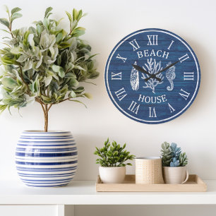 Grande Horloge Ronde Lac Blue Wood Coral Seahorse Large Clock