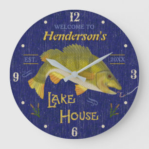 Grande Horloge Ronde Lac House Poisson de bar rustique  Nom personnalis