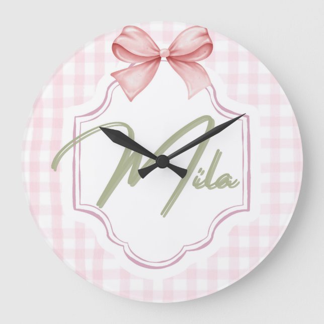 Grande Horloge Ronde Lainey Baby Girl Nursery Bow&En vichy personnalisé (Recto)