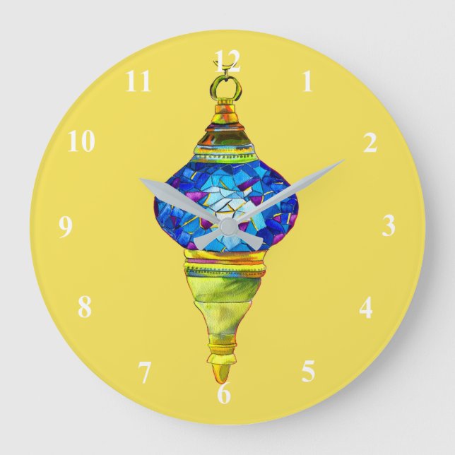 Grande Horloge Ronde Lampes turques mosaïque bleue aquarelle art (Recto)