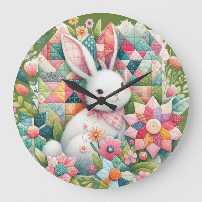 Grande Horloge Ronde Lapin avec courtepointe et fleurs (Recto)