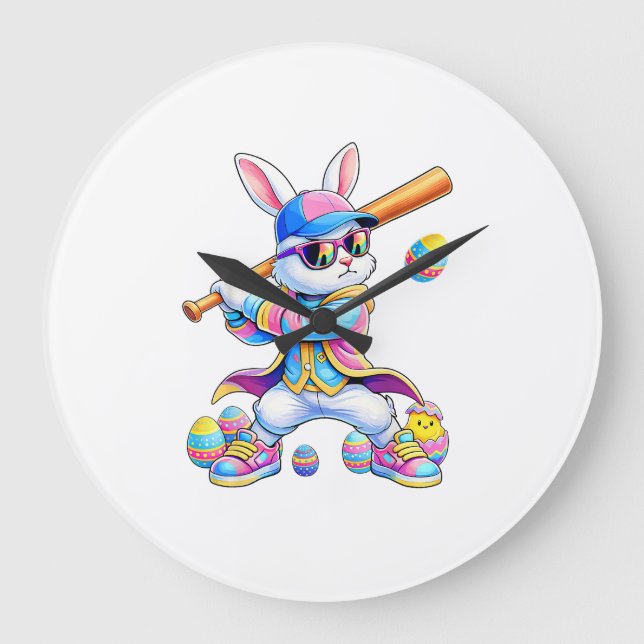 Grande Horloge Ronde Lapin de baseball tie dye drôle Pâques lapin homme (Recto)