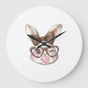 Grande Horloge Ronde Lapin de Pâques Lunettes Mignonnes Léopard Lapin d