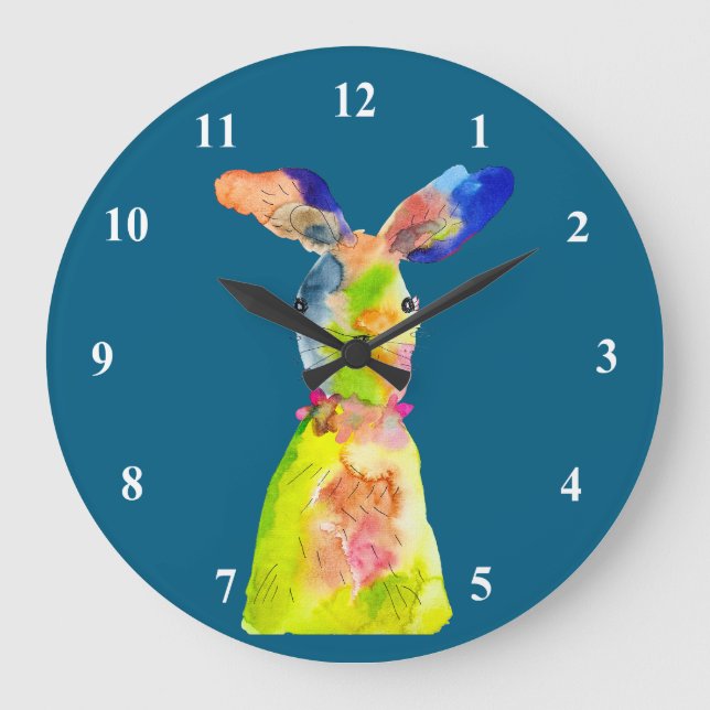 Grande Horloge Ronde Lapin de Pâques mignon art à l'aquarelle (Recto)