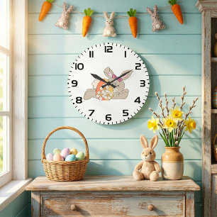 Grande Horloge Ronde Lapin de Pâques mignon avec œuf floral