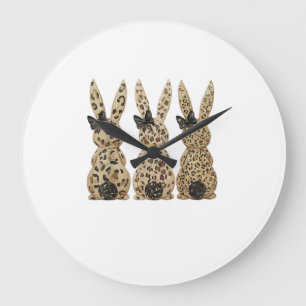 Grande Horloge Ronde Lapin mignon arc léopard drôle jour de Pâques chré