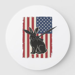 Grande Horloge Ronde Lapin Patriotique Drapeau Américain Gravure Vintag