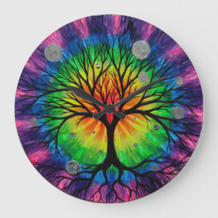Grande Horloge Ronde L'arbre de vie et les couleurs de l'arc en ciel