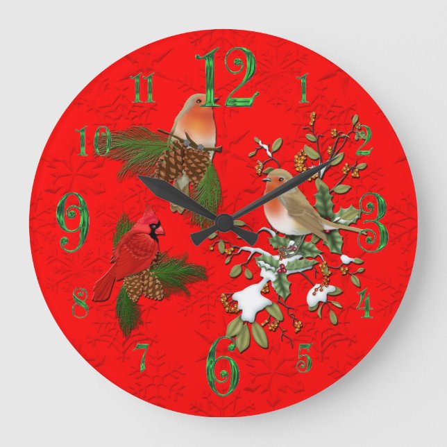 Grande Horloge Ronde Large Red Cardinal and English Robin Wall Clock (Recto)