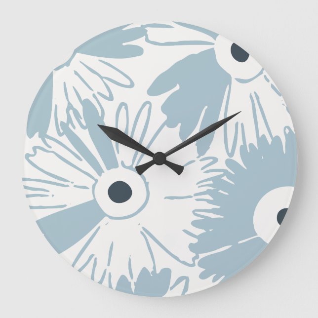 Grande Horloge Ronde Large Retro Daisy Flower Power Dusty Sky Blue (Recto)