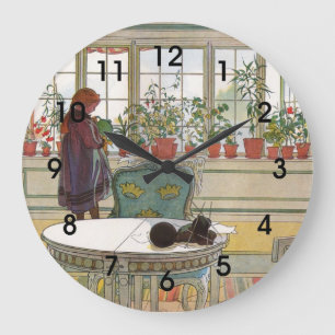 Grande Horloge Ronde Larsson : Fleurs sur une oeuvre d'art en bordure d