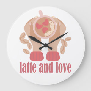 Grande Horloge Ronde Latte et coupe d'amour, mains et citation de café