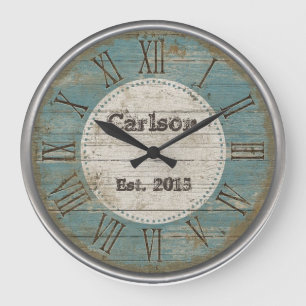 Grande Horloge Ronde Le bois bleu rustique chic antique de Faux