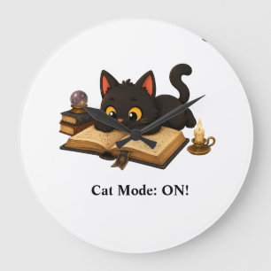 Grande Horloge Ronde Le chat noir adorable Ziggy lit un livre.