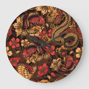 Grande Horloge Ronde Le dragon japonais koi motif.