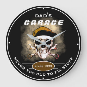 Grande Horloge Ronde Le garage de Papa Never Too Old Skull Wrenches Bla