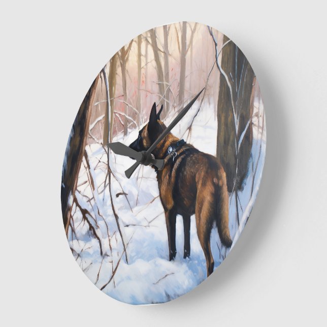 Grande Horloge Ronde Le Malinois Belge Laisser Neige Noël (Angle)