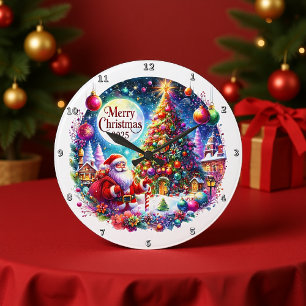 Grande Horloge Ronde Le Père Noël et son arbre de Noël