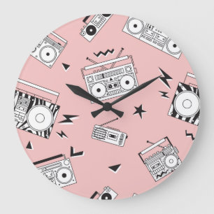 Grande Horloge Ronde Lecteurs à cassette vintage : motif rétro.