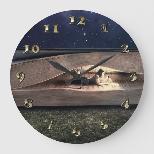 Grande Horloge Ronde Lecture de femme à l'intérieur de livre la nuit (Recto)