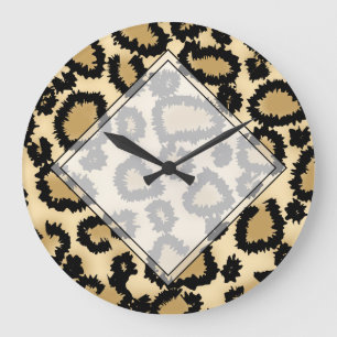Grande Horloge Ronde Leopard Print Pattern, Brown et Black.