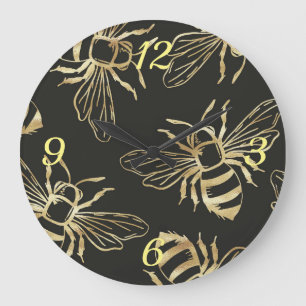 Grande Horloge Ronde Les Abeilles d'or, sur un Arrière - plan noir.