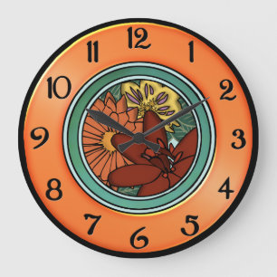 Grande Horloge Ronde Les Arts et Crafts Plate d'Orange et Vert