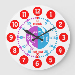 Grande Horloge Ronde Les enfants apprennent à dire l'heure blanche roug