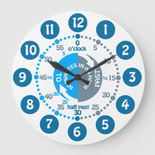 Grande Horloge Ronde Les garçons apprennent à tell time muted blue grey