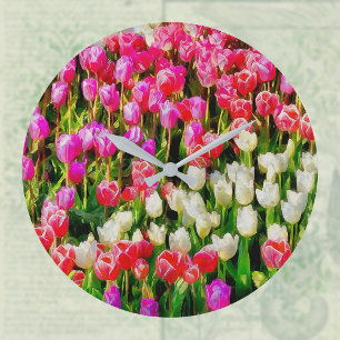 Grande Horloge Ronde Les tulipes roses rouges et blanches du Mont Verno