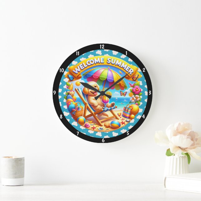 Grande Horloge Ronde L'été avec la scène de plage Relaxant Chiot (Maison)