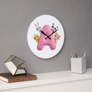 Grande Horloge Ronde Lettre A Ballon Rose Animaux de la Forêt Enfants 