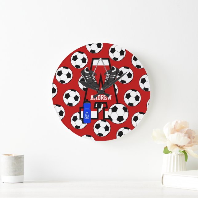 Grande Horloge Ronde Lettre A Monogramme de soccer personnalisée (Maison)