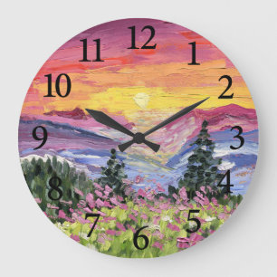 Grande Horloge Ronde Lever de soleil en montagne avec des fleurs sauvag