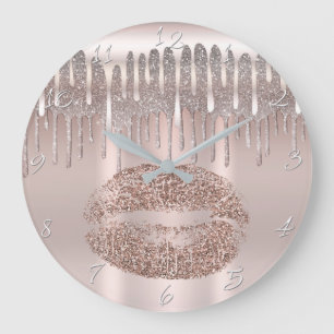 Grande Horloge Ronde Lèvres Rose Doré Glacé aux Diamants Paillettes Dég