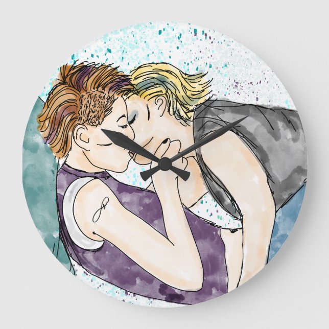 Grande Horloge Ronde LGBTQIA+ Femmes Kisser Aquarelle Art (Recto)