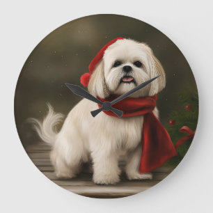 Grande Horloge Ronde Lhasa Apso Chien dans Noël de neige