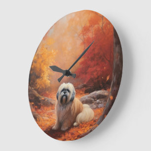 Grande Horloge Ronde Lhassa Apso à l'automne Leaves automne Inspire