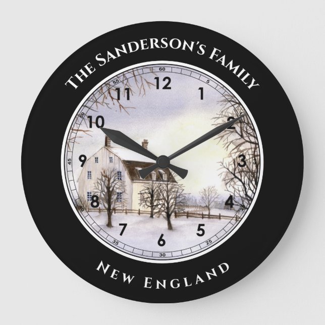 Grande Horloge Ronde L'hiver en Nouvelle-Angleterre Paysage Aquarelle (Recto)