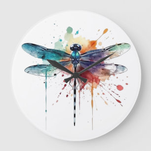 Grande Horloge Ronde Libellule Aquarelle Vibrante