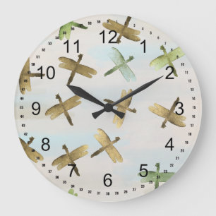 Grande Horloge Ronde Libellules aquarelle or