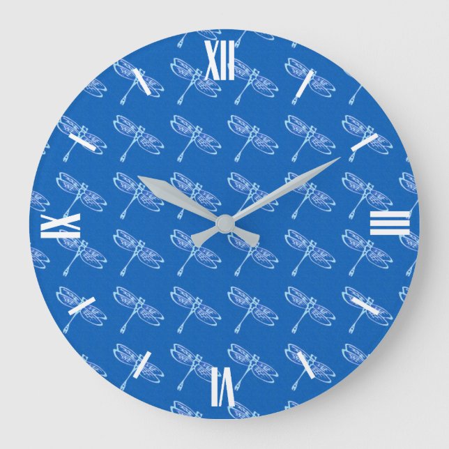 Grande Horloge Ronde libellules, bleu pâle sur bleu denim (Recto)
