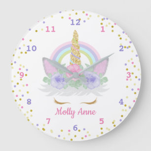 Grande Horloge Ronde Licorne Arc-en-Ciel Confettis Rose, Violet et Or