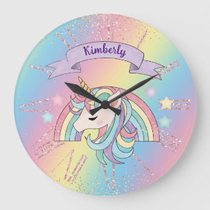 Grande Horloge Ronde Licorne et arc-en-ciel scintillant or paillettes N