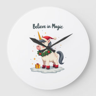 Grande Horloge Ronde licorne festive Believe in Magic portant un Noël