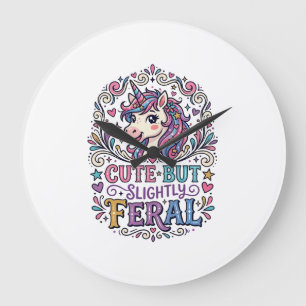 Grande Horloge Ronde Licorne Mignonne mais Légèrement Sauvage Fond Blan