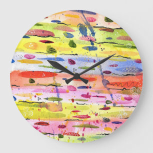 Grande Horloge Ronde Lignes colorées Aquarelle Abstraite